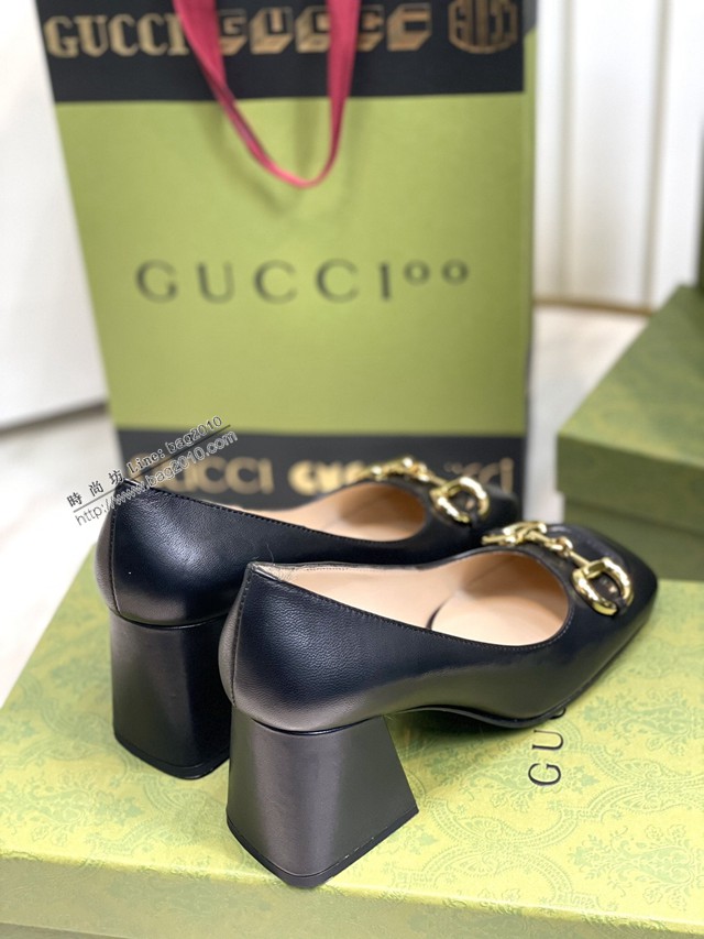 gucci女士羊皮鞋單鞋高跟鞋 古馳爆款網紅早春馬銜扣新款粗跟復古鞋 dx2894